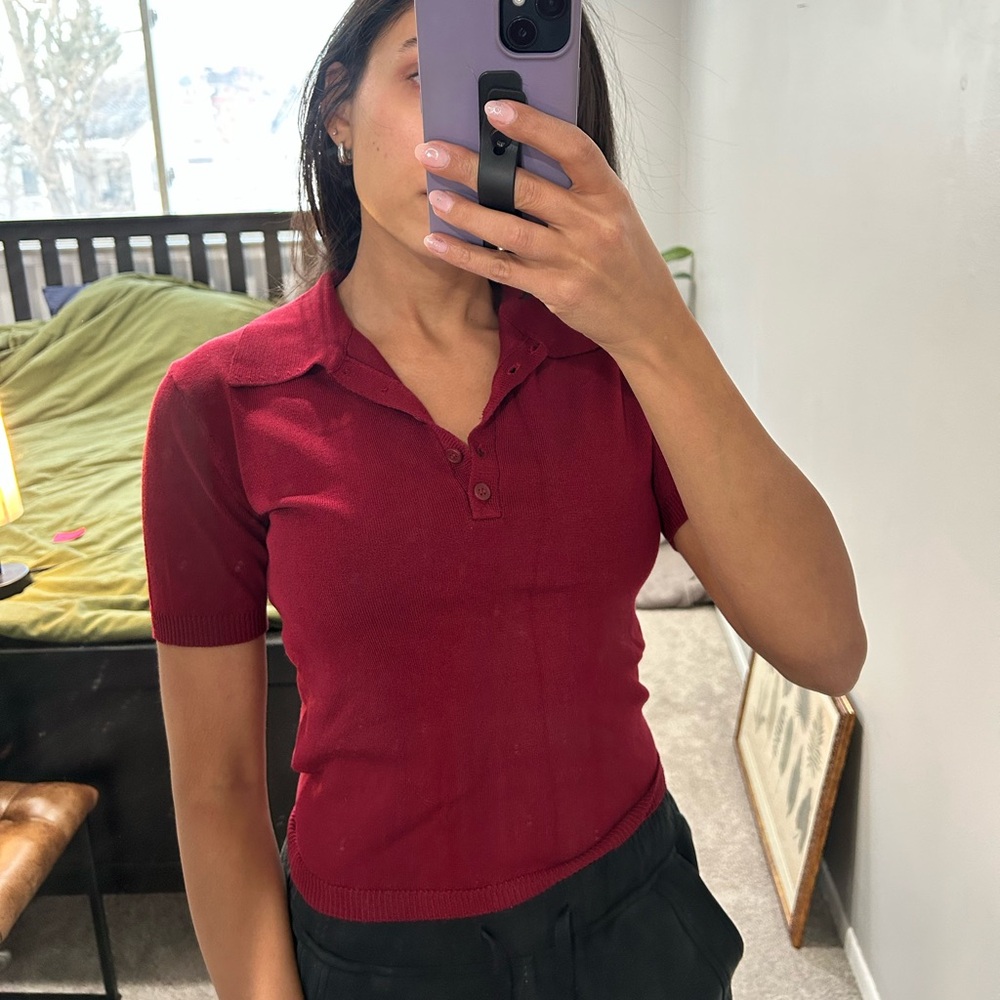 H&M Women’s Red Knit Collared Workwear Polo Tee